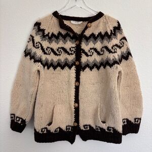 Vtg Womens Wool Cardigan Sweater L Ecuador Print Festival Granola Girl Chunky